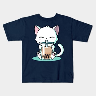 Cute Cat Drinking Cold Drink - Cute Funny Cat Love Artwork Kids T-Shirt